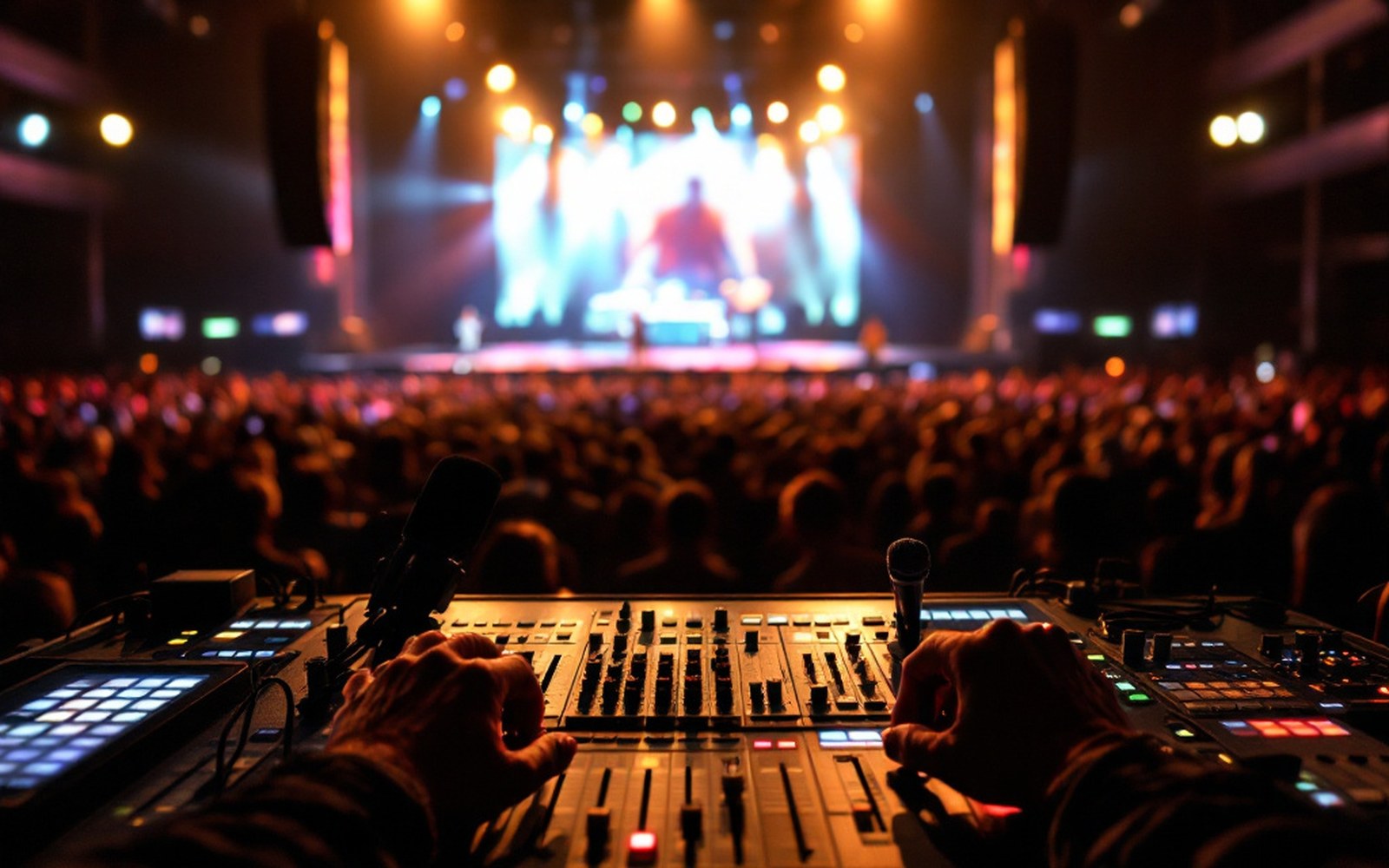 Hands on the faders of a mixing console